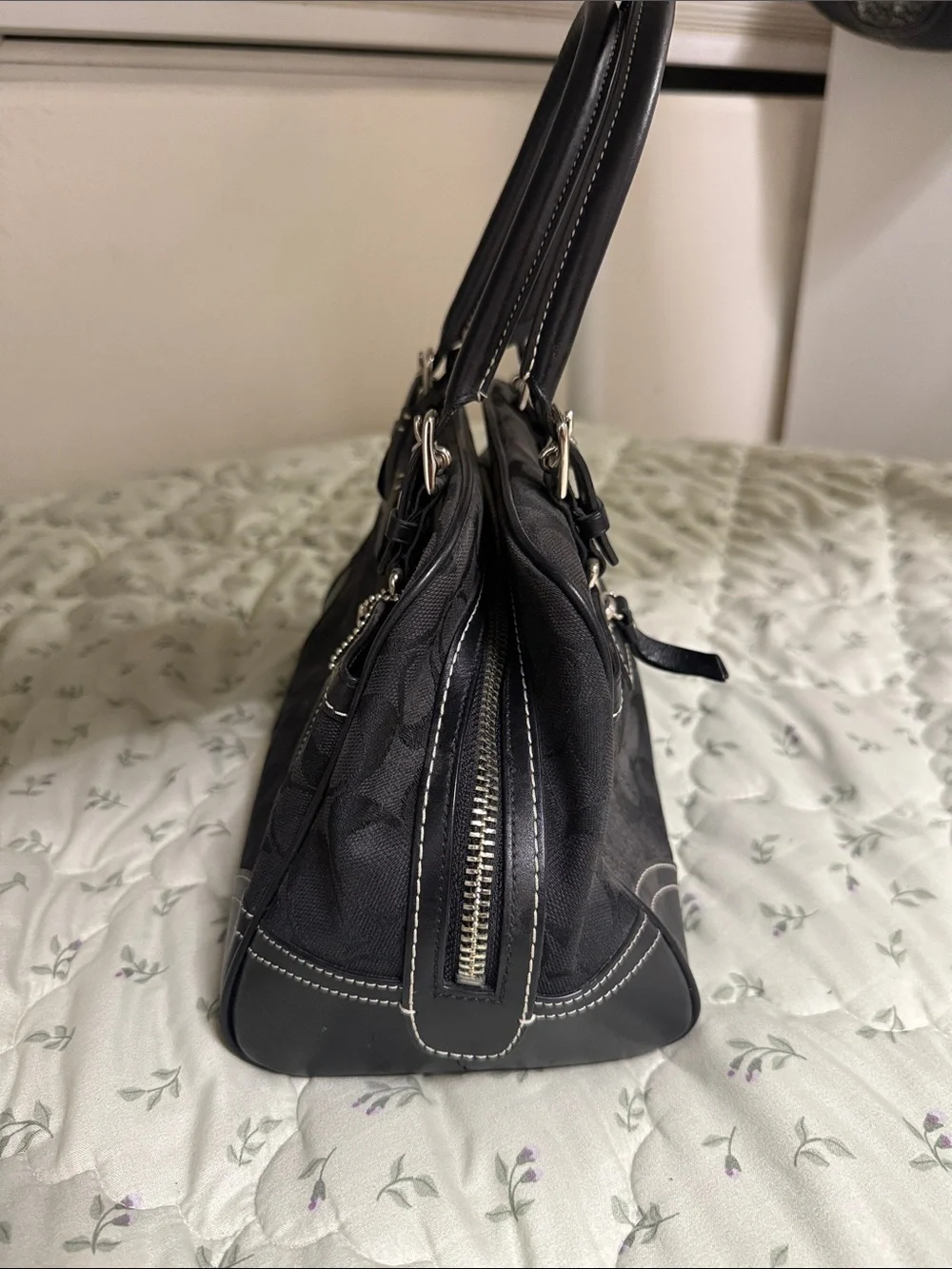 Coach Black Signature Satchel with Leather Trim